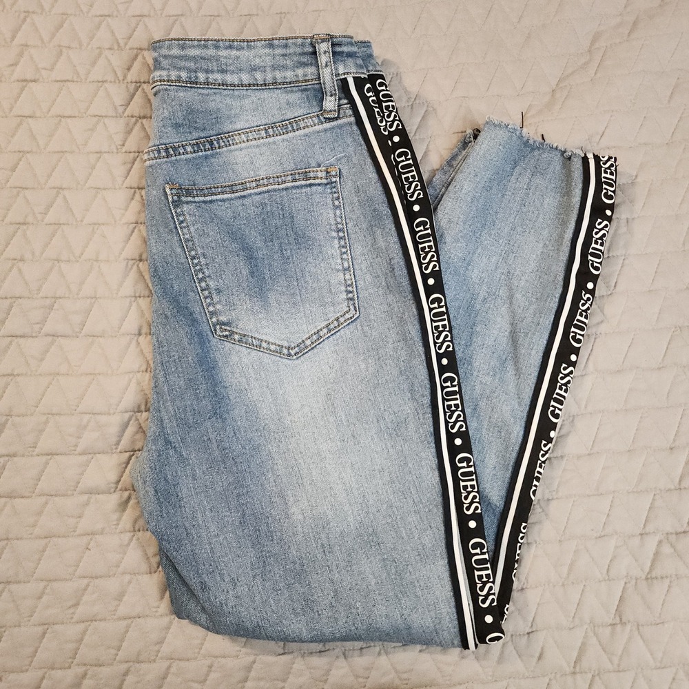 E17 Guess Los Angeles Womens High Rise Side‎ Stripe Logo Skinny Jeans Blue Sz 32